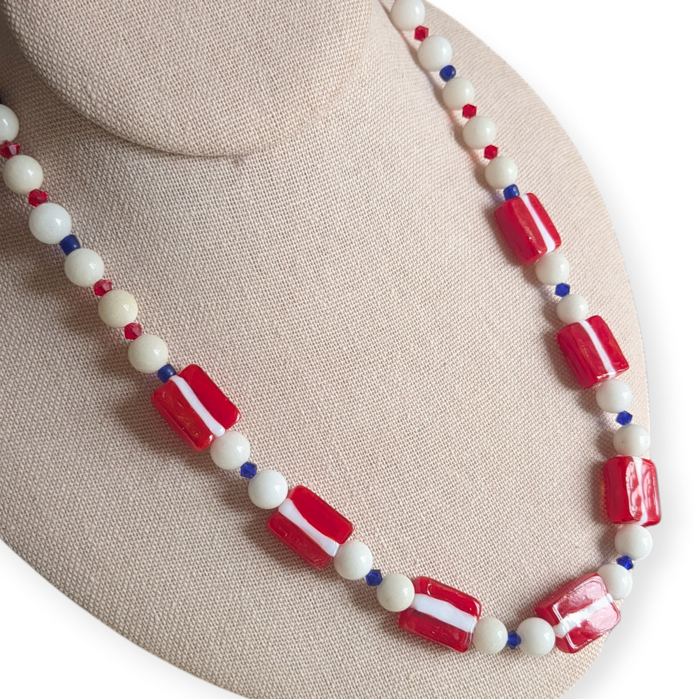 Vintage Glass Rectangle Beaded Necklace ~ red white blue